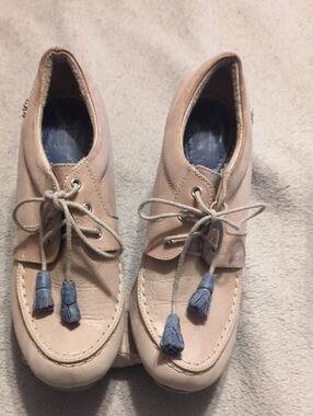 Taupe Lace-Up Ankle Booties with Blue Tassel Detail Leather